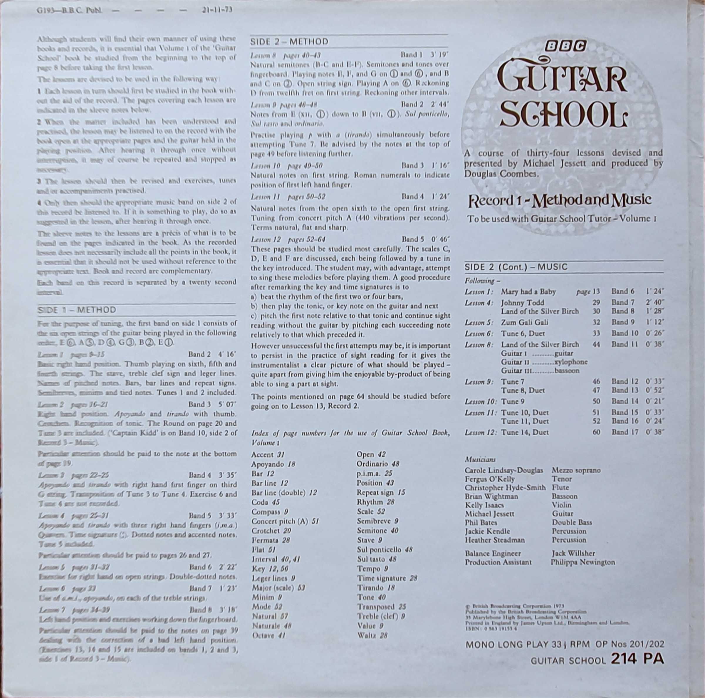 Picture of OP 201/202 Guitar school - Record 1 - Method and music by artist Michael Jessett from the BBC records and Tapes library